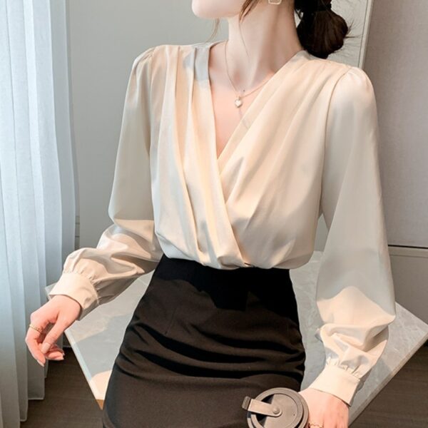 V-neck Satin Long-sleeved Shirt Women's Professional Bottoming Shirt - Image 5