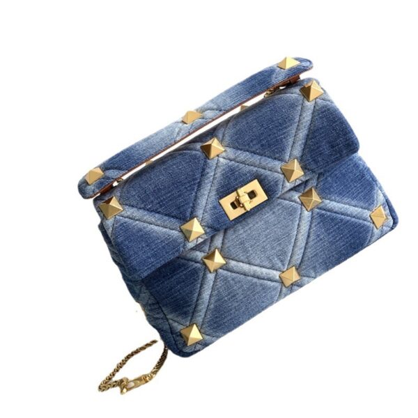 Denim With Cowhide Bag Large Rivet - Image 6