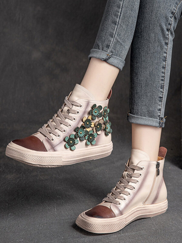 Women's Contrast Flower Square Head High-top Shoes - Image 5