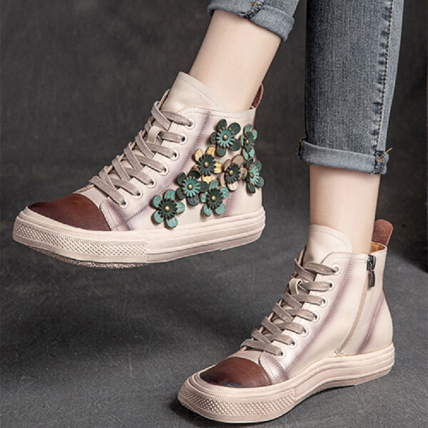 Women's Contrast Flower Square Head High-top Shoes - Image 2