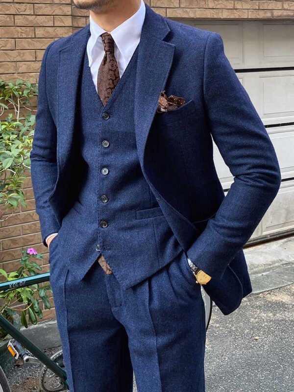 Autumn Winter Retro Herringbone Wool Slim Fit Men's Suits - Image 9