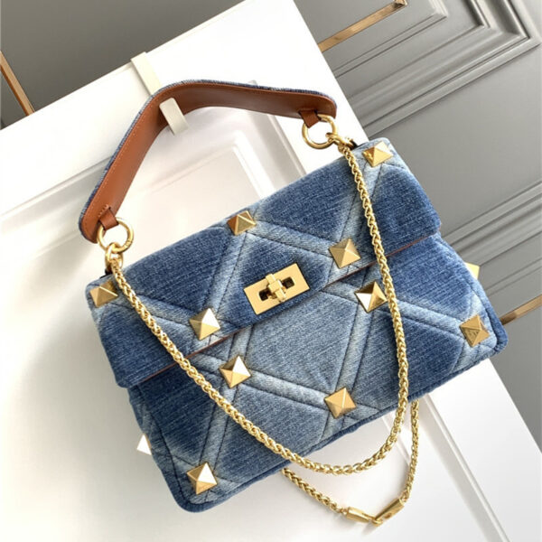 Denim With Cowhide Bag Large Rivet - Image 2