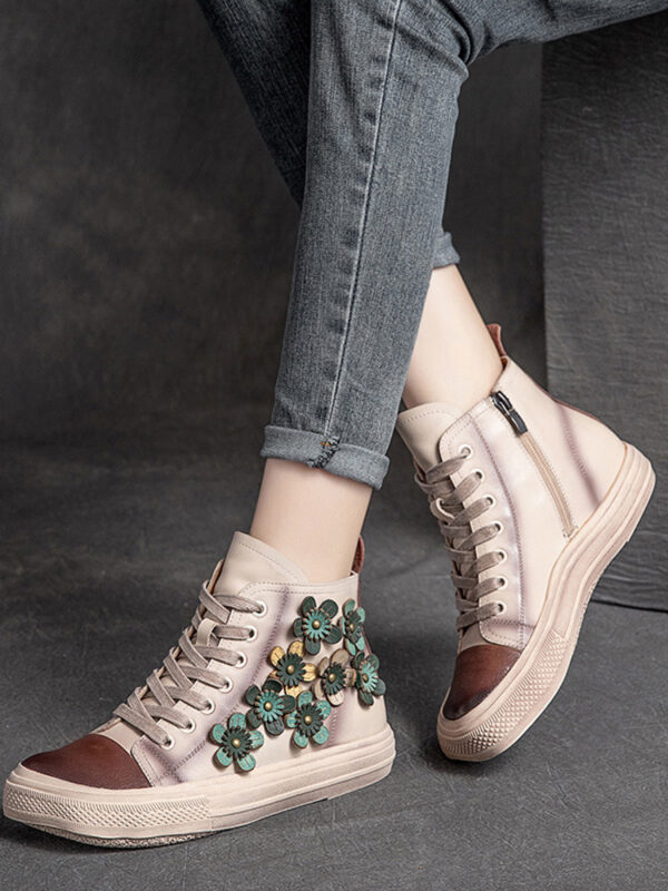 Women's Contrast Flower Square Head High-top Shoes - Image 3