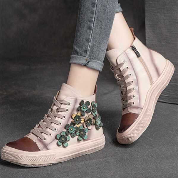 Women's Contrast Flower Square Head High-top Shoes - Image 4