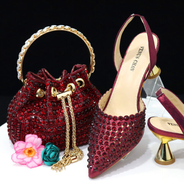 Colorful Stone Bucket Handbag With Pointed Toe Women's Pumps Middle Heel - Image 5