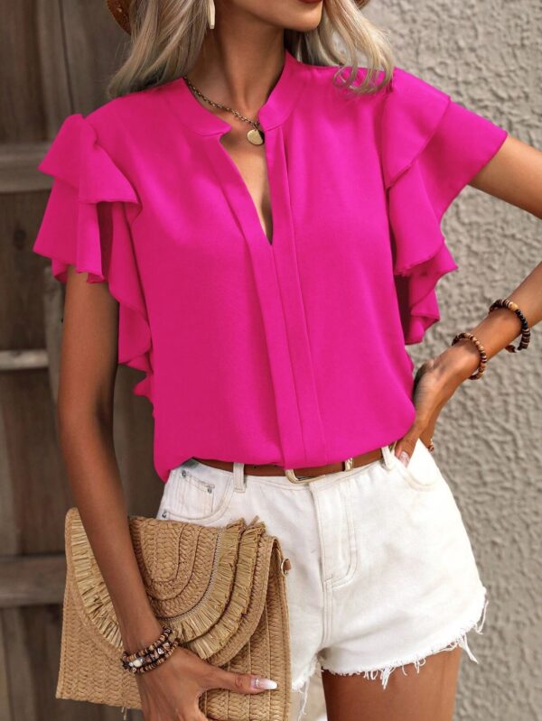 Casual Summer V-neck Solid Color Shirt Top - Image 2