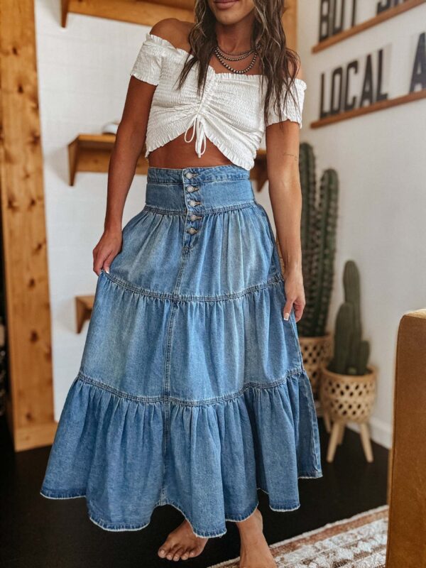 Bohemian A- Line Layered Cake Denim Skirt - Image 5