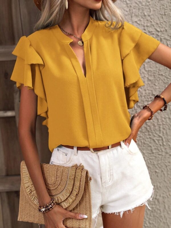 Casual Summer V-neck Solid Color Shirt Top - Image 3