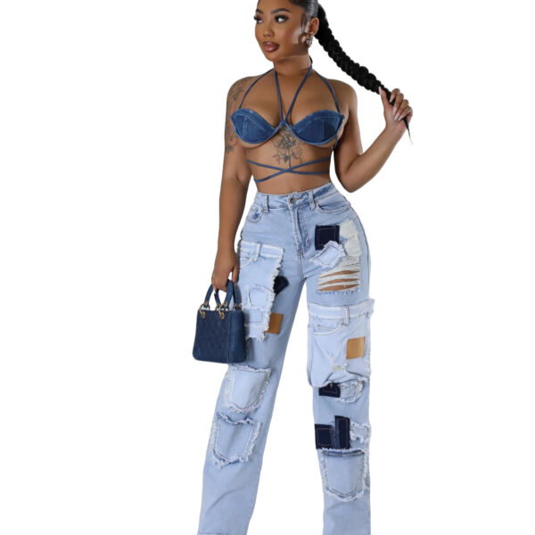 Casual Printed Patch Hole Denim Straight-leg Pants - Image 6